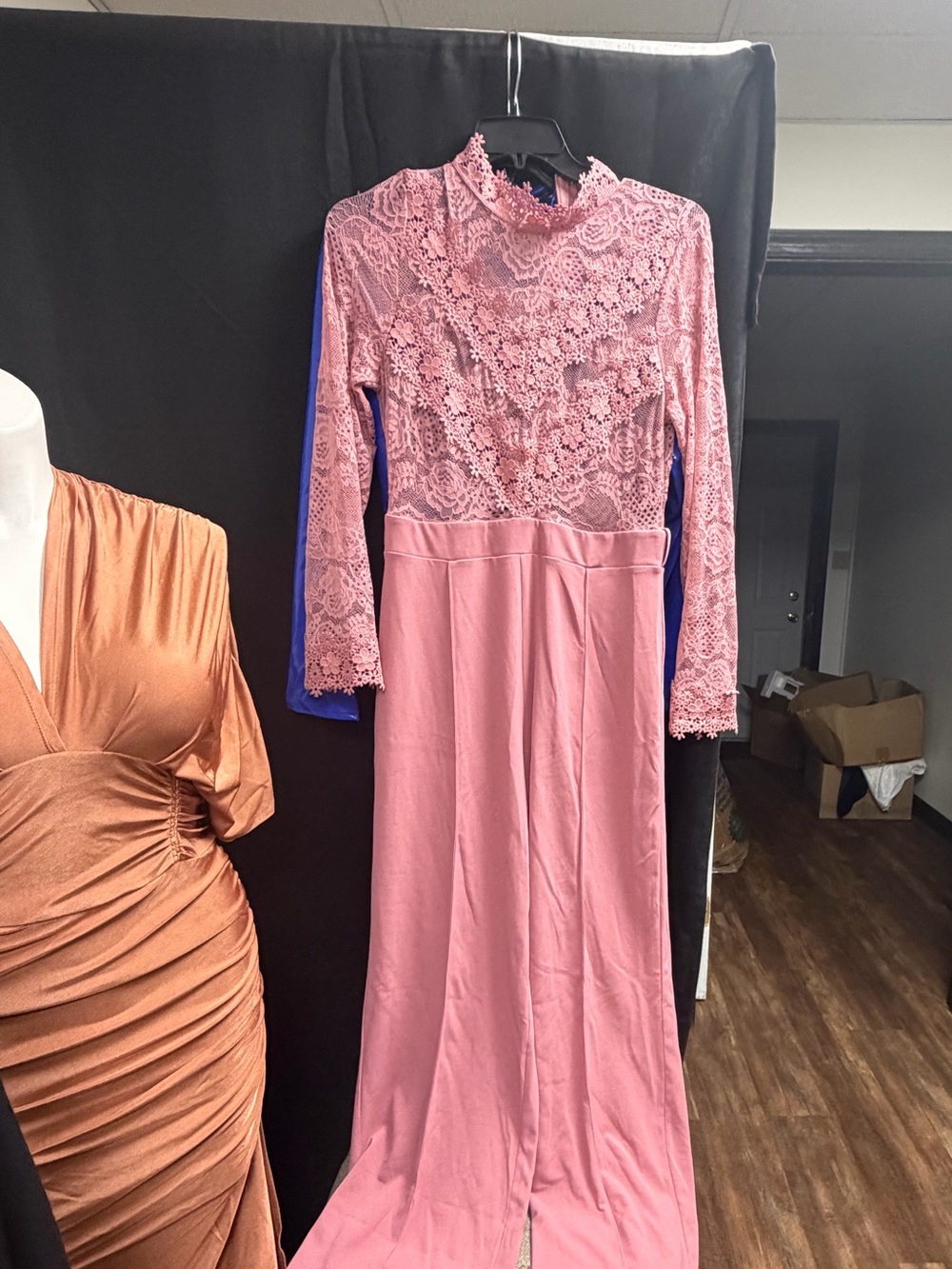 Pink Lace Long Sleeve Maxi Dress